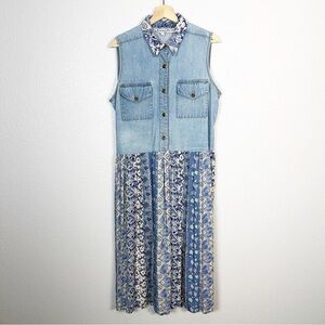 Vintage 90s Cottagecore Sz 12 Denim Chambray Sleeveless‎ Floral Skirt Midi Dress
